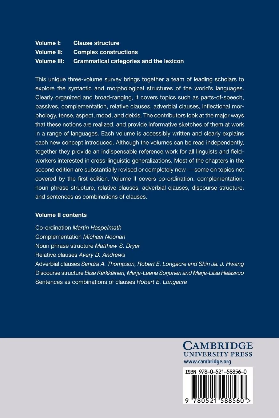 Rückseite: 9780521588560 | Language Typology and Syntactic Description, Volume II | Shopen | Buch