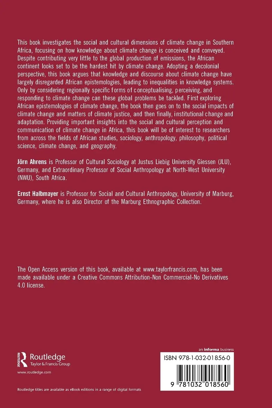 Rückseite: 9781032018560 | Climate Change Epistemologies in Southern Africa | Jörn Ahrens (u. a.)