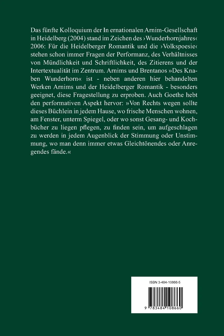 Rückseite: 9783484108660 | Das 'Wunderhorn' und die Heidelberger Romantik: Mündlichkeit,...