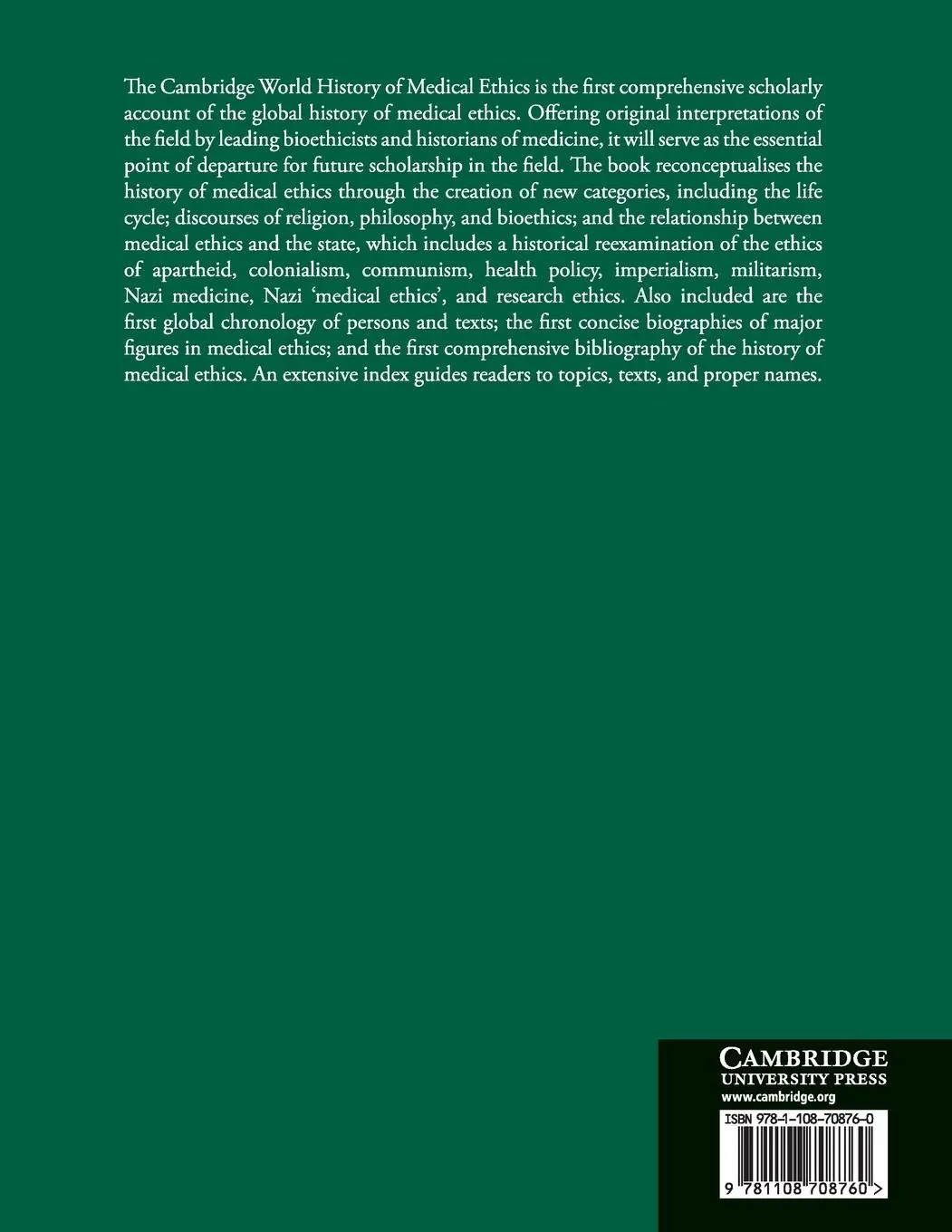 Rückseite: 9781108708760 | The Cambridge World History of Medical Ethics | Baker (u. a.) | Buch