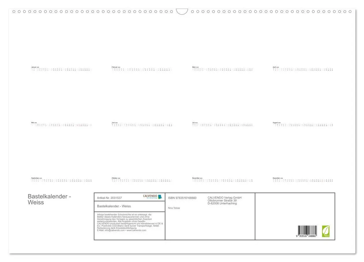 Bild: 9783516168860 | Bastelkalender - Weiss (Wandkalender 2026 DIN A2 quer), CALVENDO...