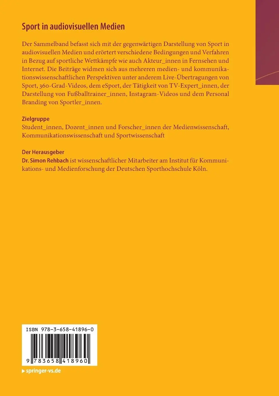 Rückseite: 9783658418960 | Sport in audiovisuellen Medien | Simon Rehbach | Taschenbuch | vi