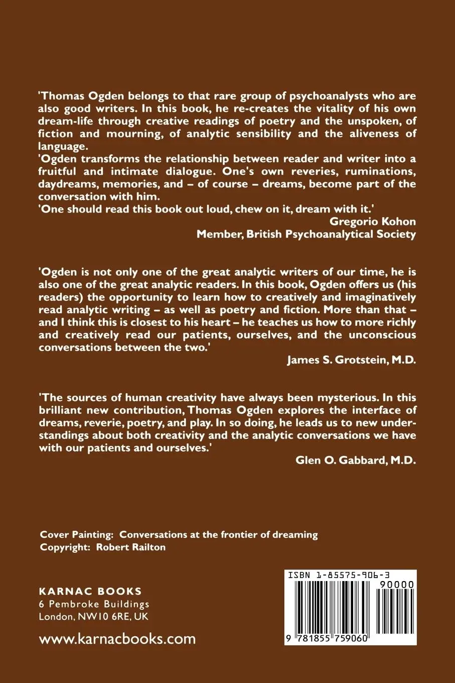 Rückseite: 9781855759060 | Conversations at the Frontier of Dreaming | Thomas Ogden | Taschenbuch