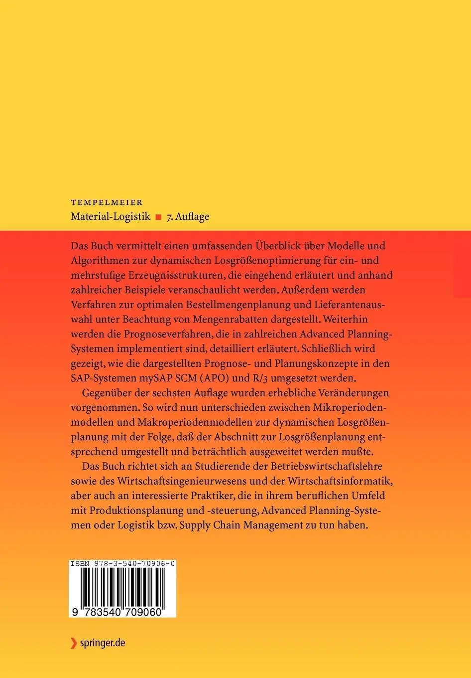 Rückseite: 9783540709060 | Material-Logistik | Horst Tempelmeier | Taschenbuch | xii | Deutsch