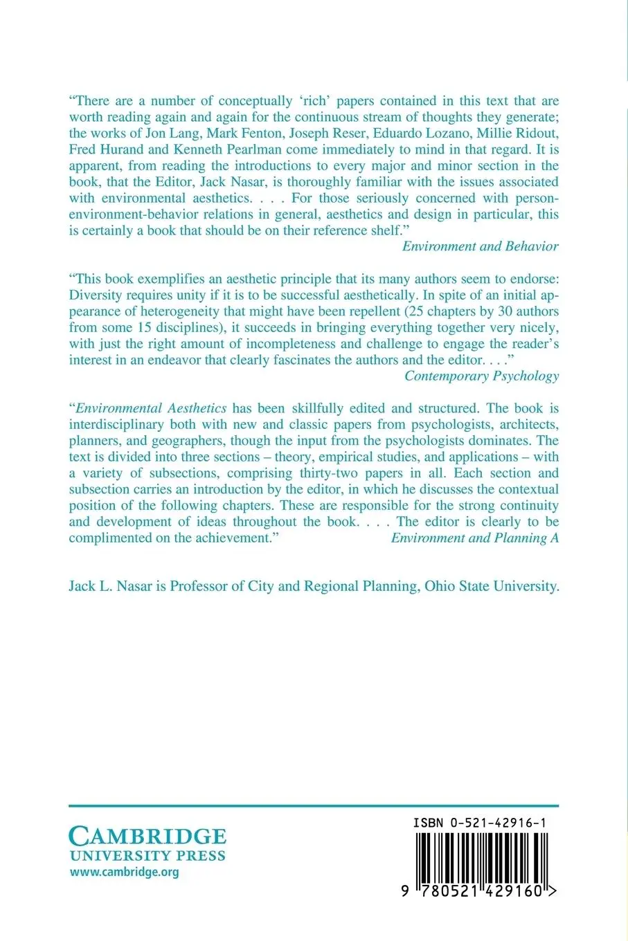 Rückseite: 9780521429160 | Environmental Aesthetics | Theory, Research, and Application | Nasar