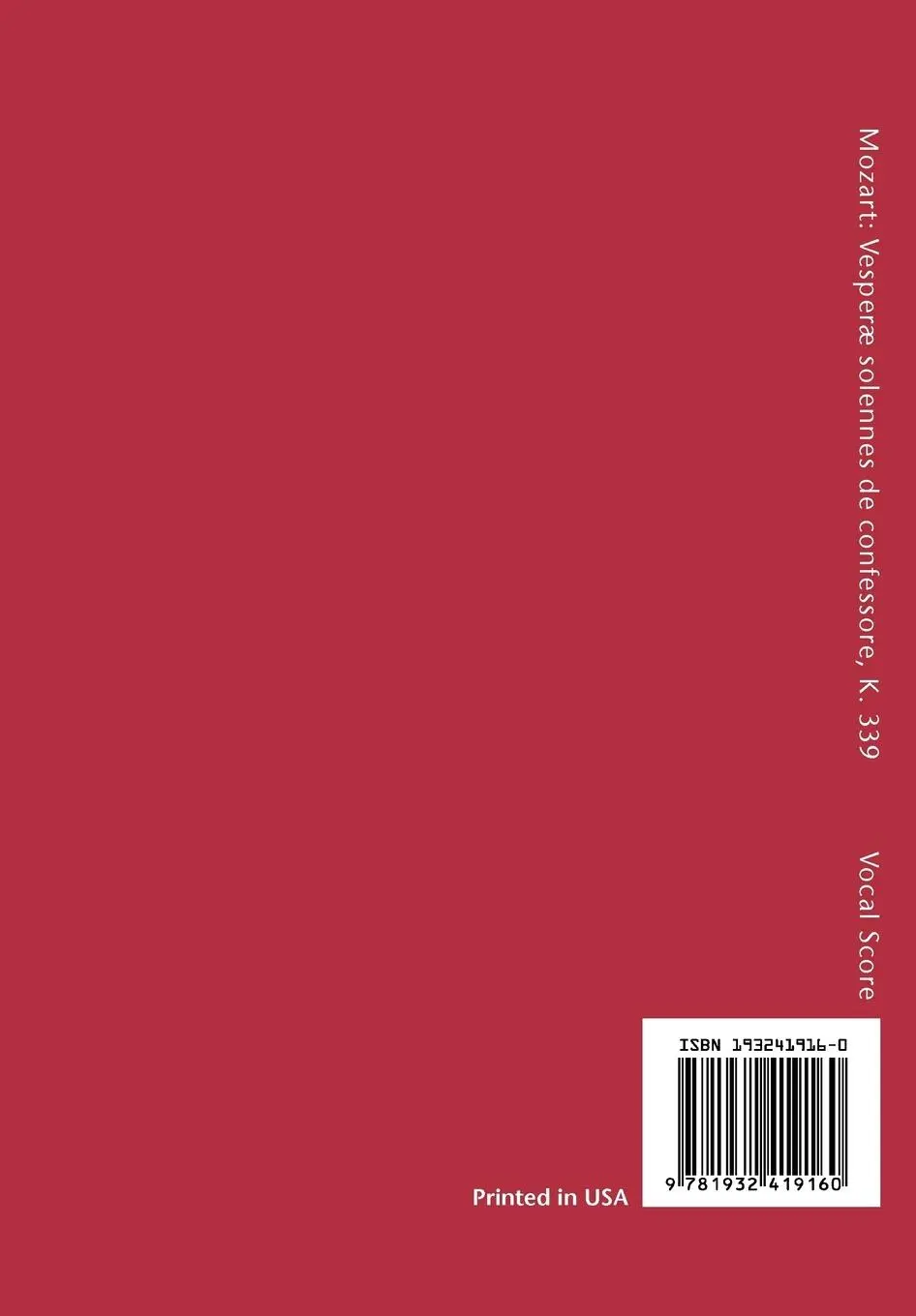 Rückseite: 9781932419160 | Vesperae solennes de confessore, K.339 | Vocal score | Mozart | Buch