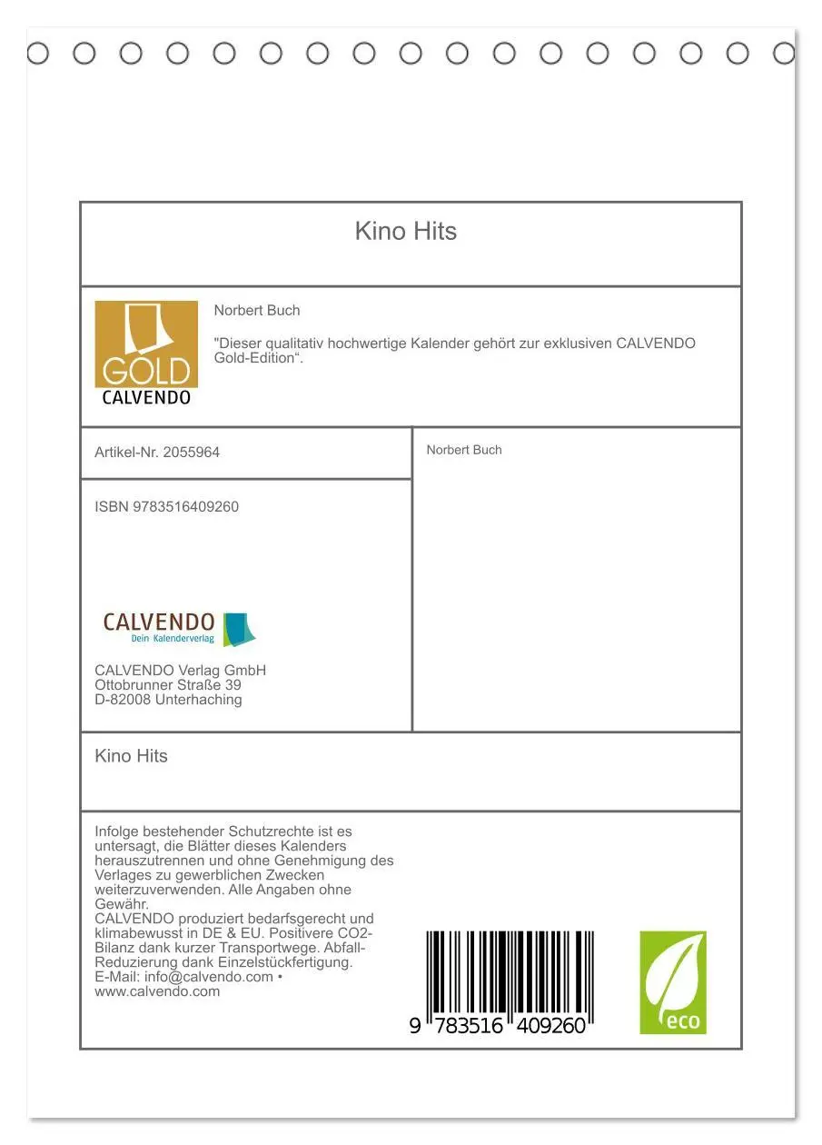 Bild: 9783516409260 | Kino Hits (Tischkalender 2026 DIN A5 hoch), CALVENDO Monatskalender