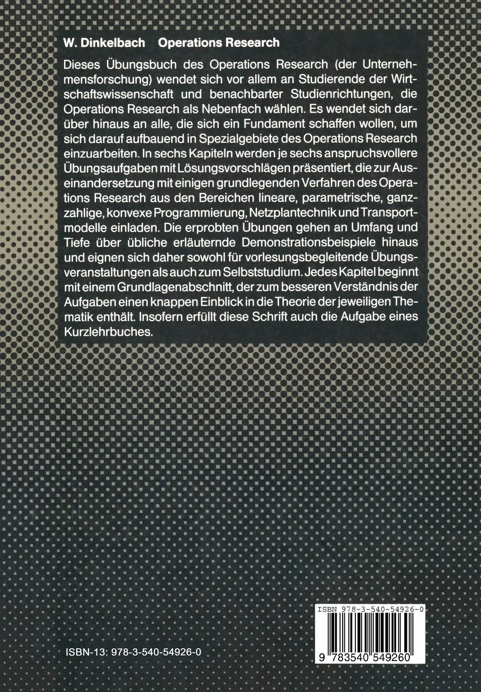 Rückseite: 9783540549260 | Operations Research | Ein Kurzlehr- und Übungsbuch | Werner Dinkelbach