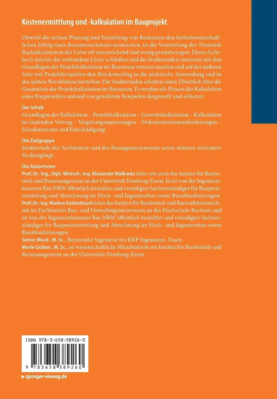 Rückseite: 9783658389260 | Kostenermittlung und -kalkulation im Bauprojekt | Malkwitz (u. a.)