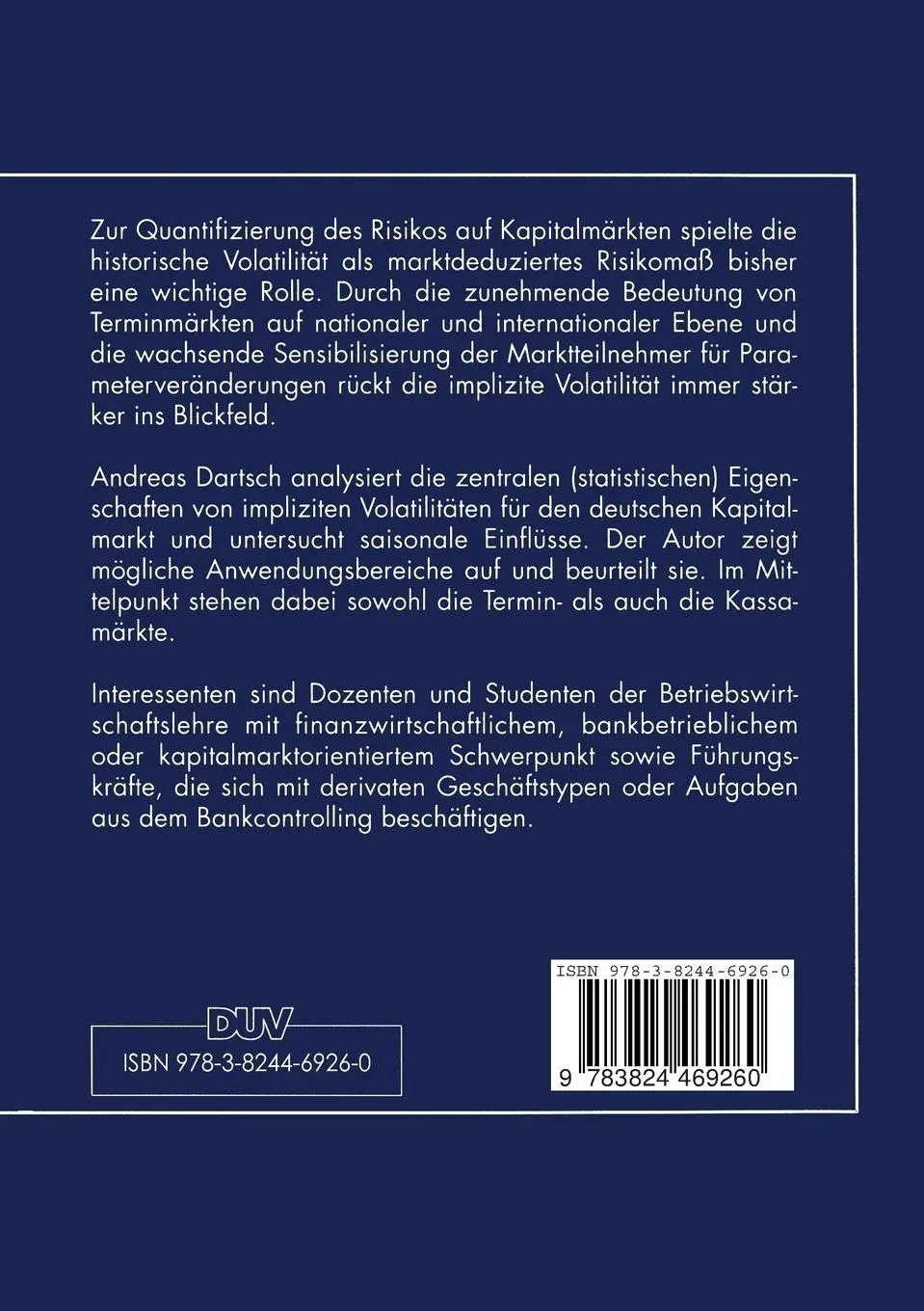 Rückseite: 9783824469260 | Implizite Volatilitäten am Aktien- und Optionsmarkt | Andreas Dartsch