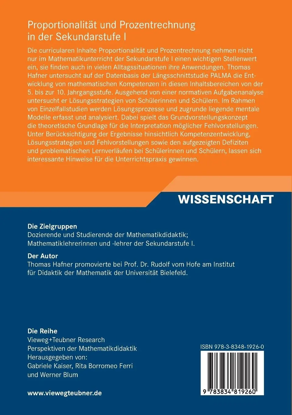 Rückseite: 9783834819260 | Proportionalität und Prozentrechnung in der Sekundarstufe I | Hafner