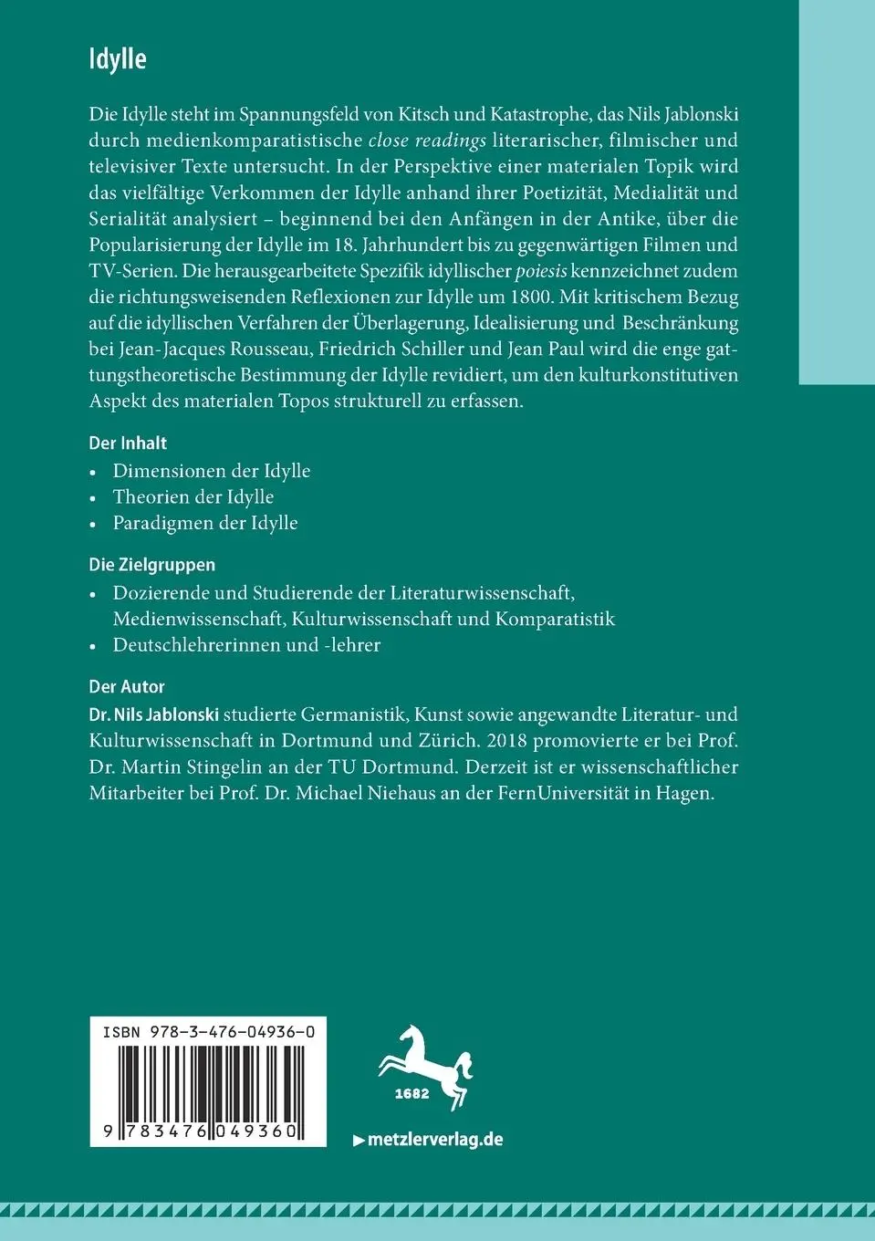 Rückseite: 9783476049360 | Idylle | Nils Jablonski | Taschenbuch | vii | Deutsch | 2019
