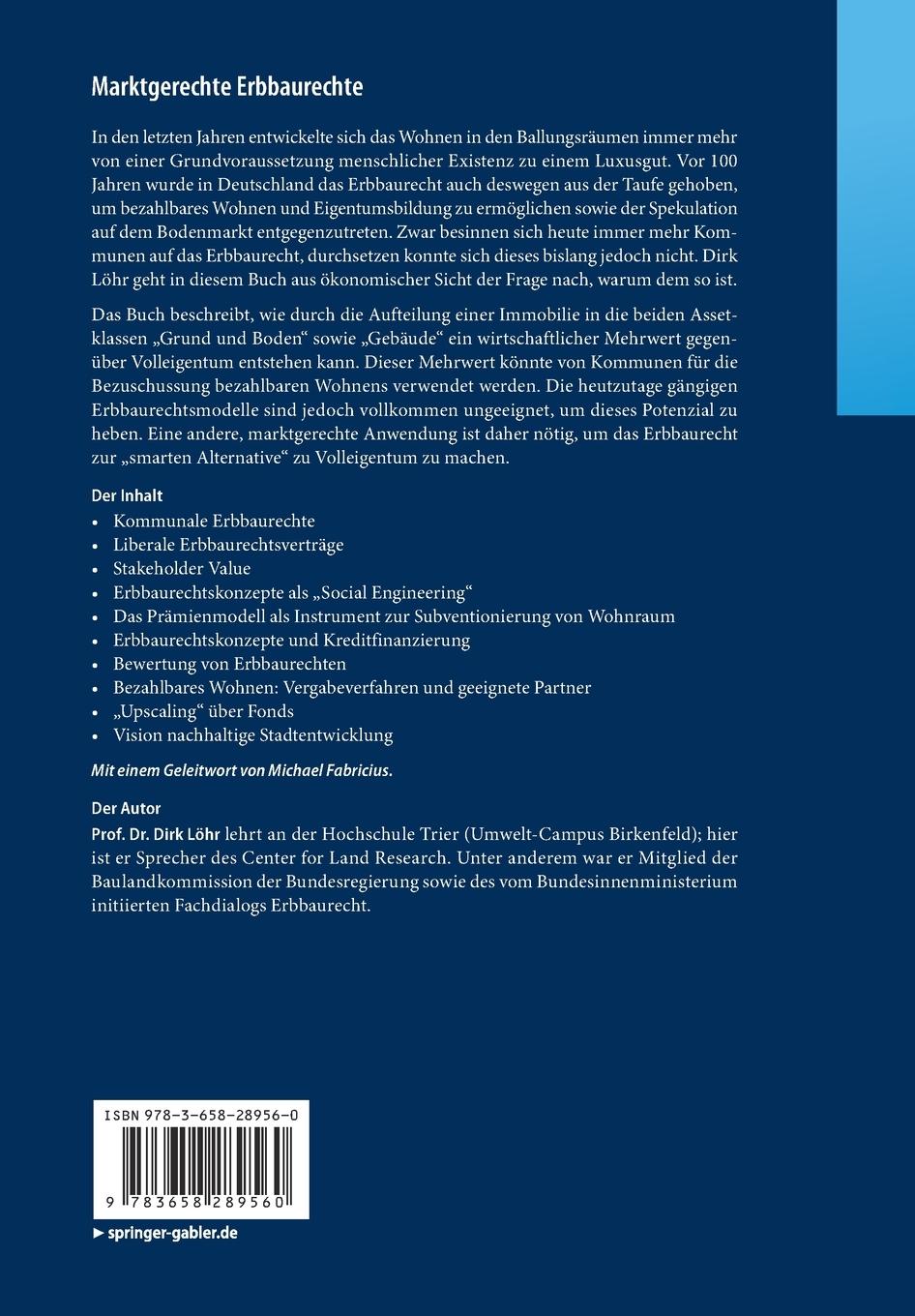 Rückseite: 9783658289560 | Marktgerechte Erbbaurechte | Dirk Löhr | Taschenbuch | xv | Deutsch