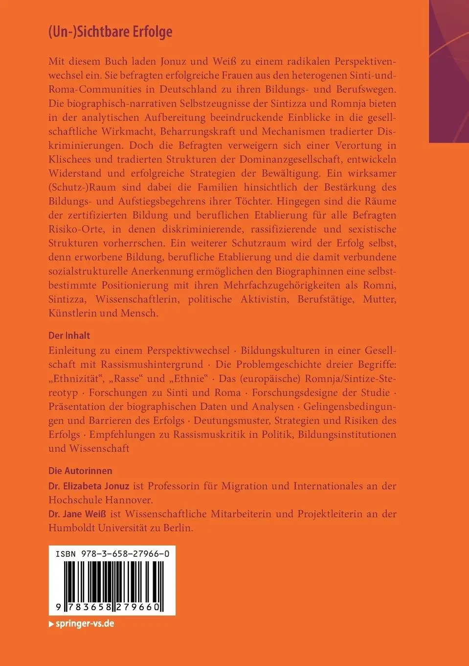 Rückseite: 9783658279660 | (Un-)Sichtbare Erfolge | Jane Weiß (u. a.) | Taschenbuch | vi | 2020