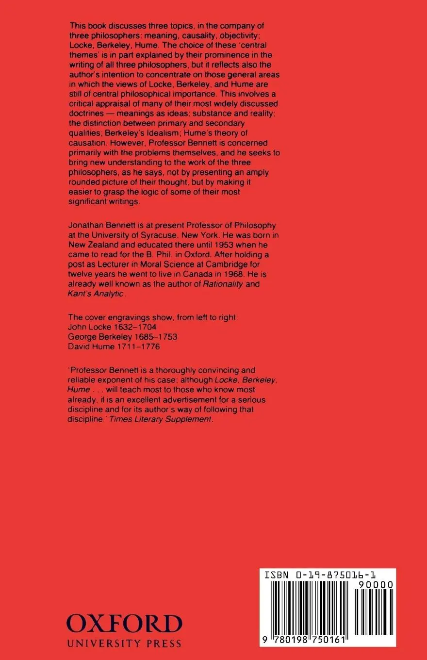 Rückseite: 9780198750161 | Locke, Berkeley, Hume | Central Themes | Jonathan Bennett | Buch
