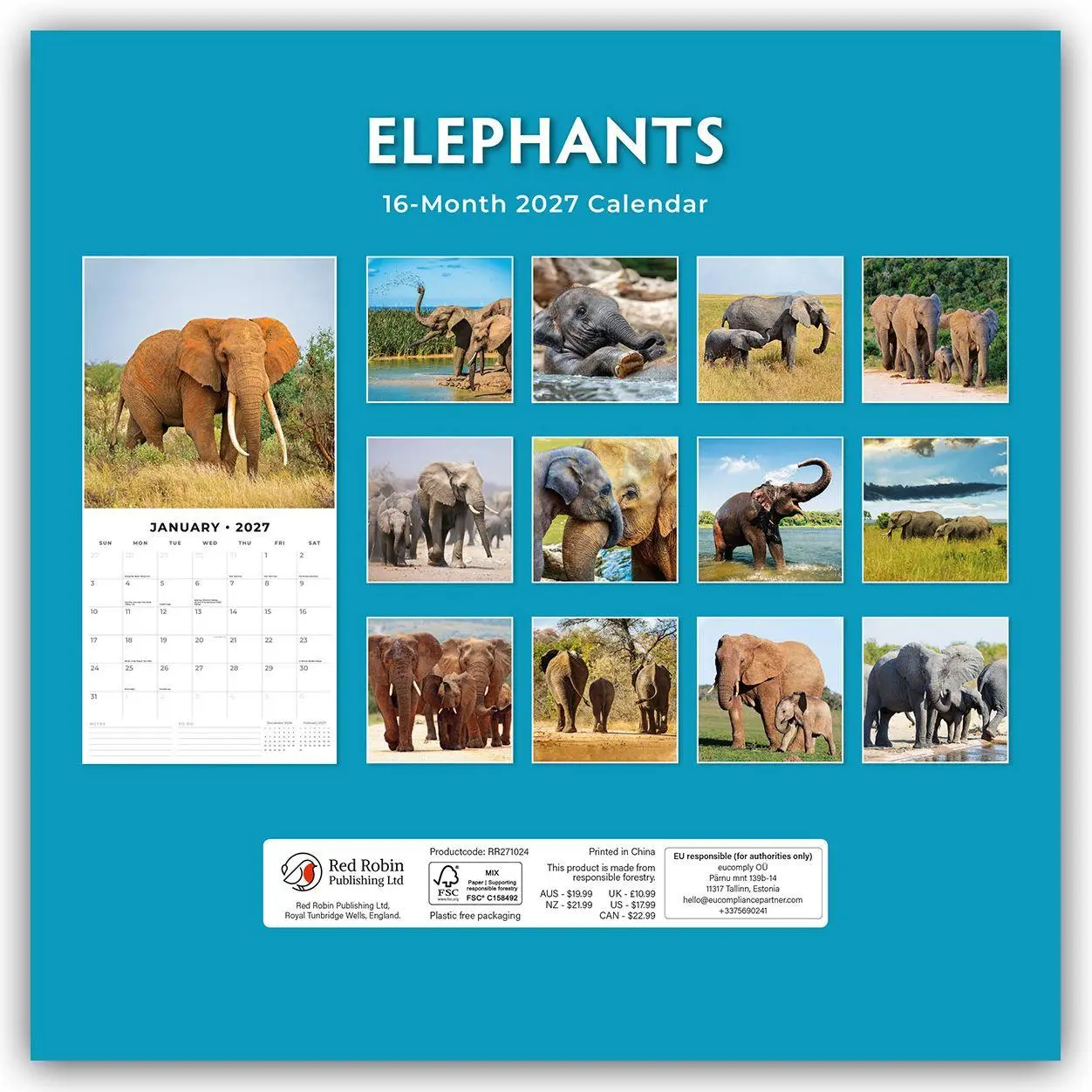 Rückseite: 9781837010561 | Elephants - Elefanten 2027 - 16-Monatskalender | Robin Red | Kalender