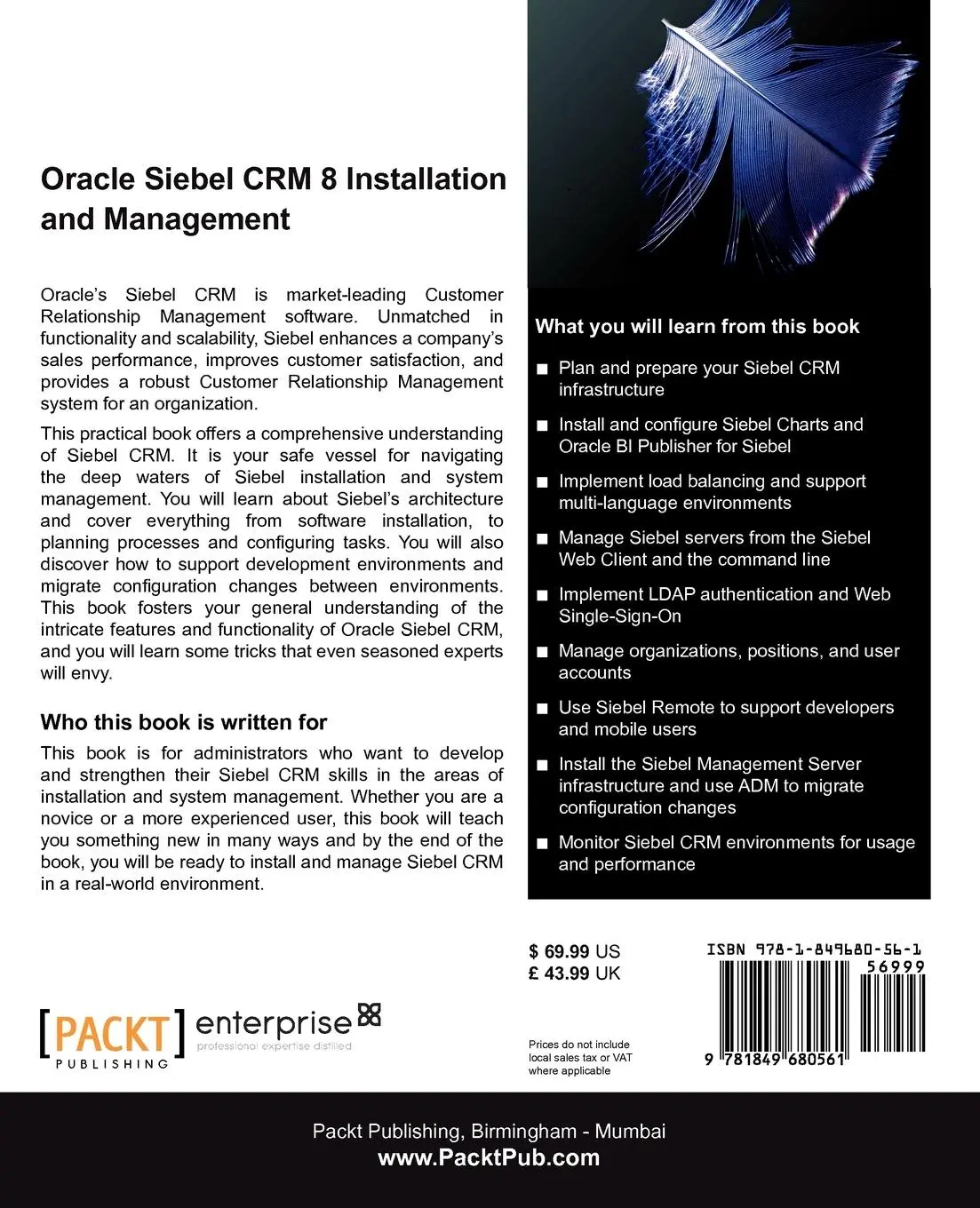 Rückseite: 9781849680561 | Oracle Siebel Crm 8 Installation and Management | Alexander Hansal