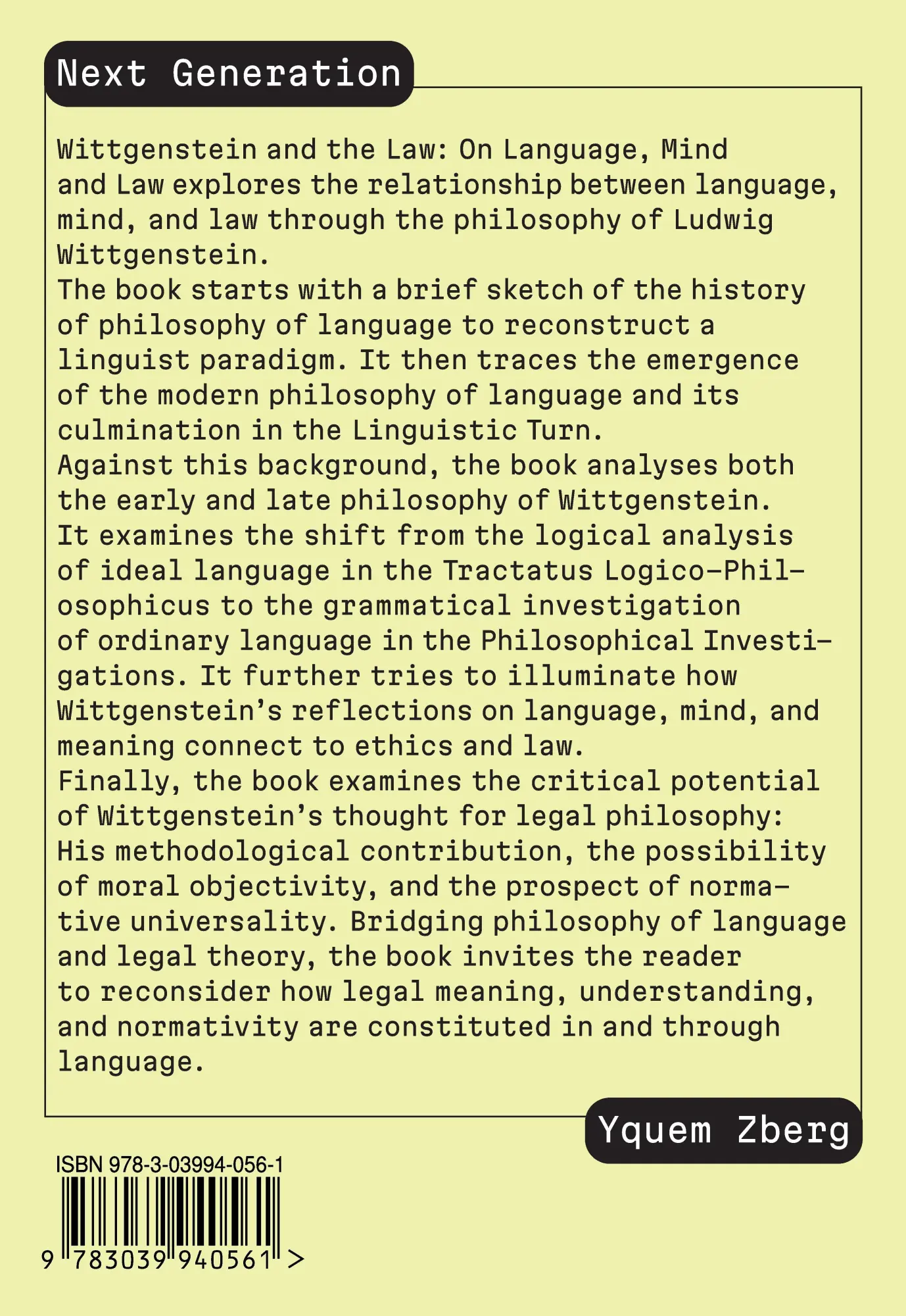 Rückseite: 9783039940561 | Wittgenstein and the Law: On Language, Mind and Law | Yquem Zberg
