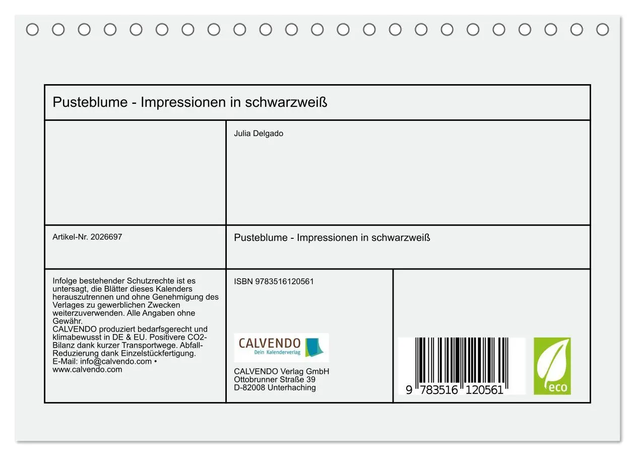 Bild: 9783516120561 | Pusteblume - Impressionen in schwarzweiß (Tischkalender 2026 DIN A5...