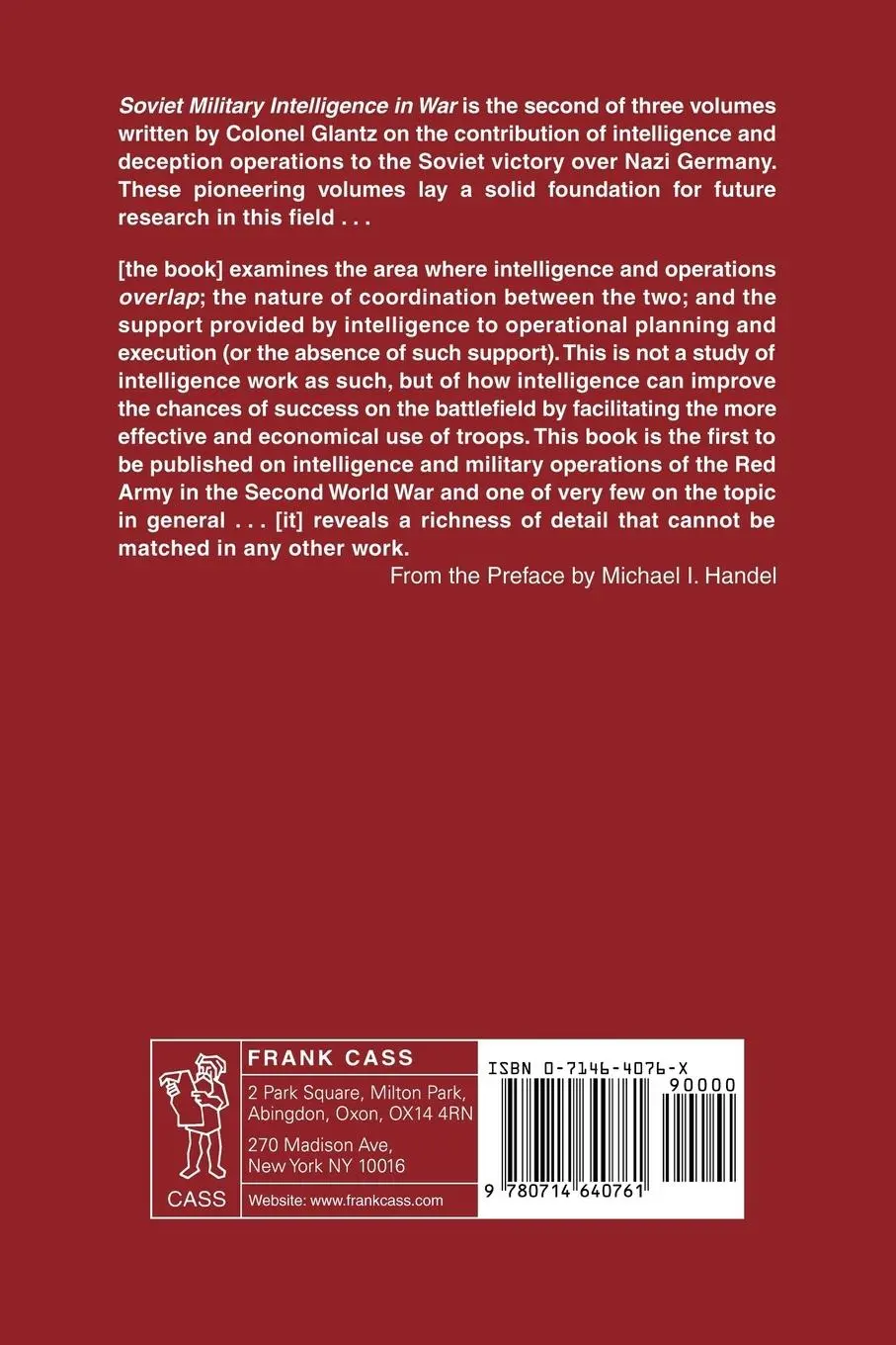 Rückseite: 9780714640761 | Soviet Military Intelligence in War | Colonel David M Glantz | Buch