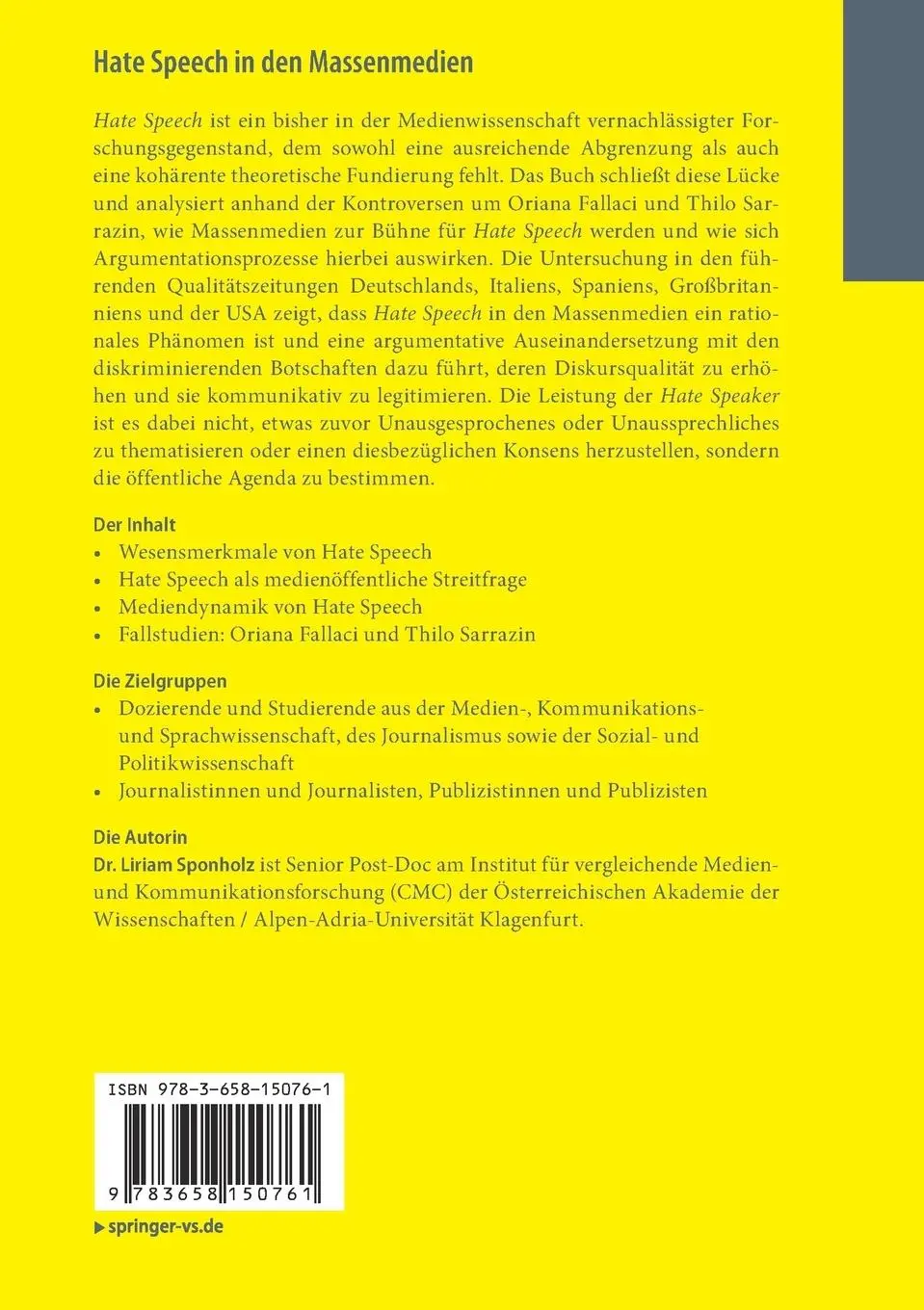 Rückseite: 9783658150761 | Hate Speech in den Massenmedien | Liriam Sponholz | Taschenbuch | xx