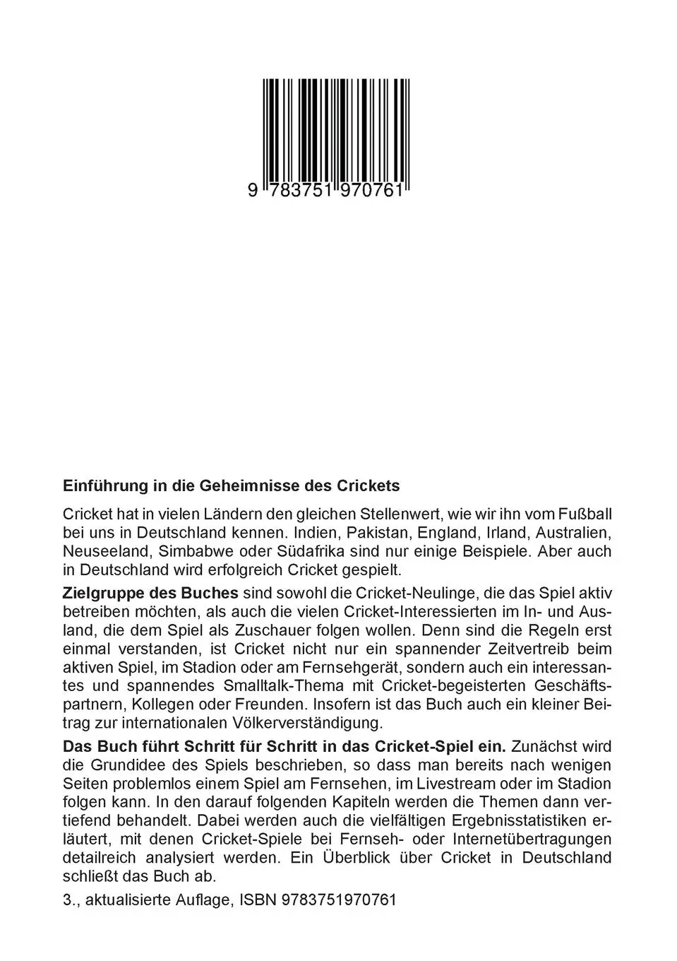Rückseite: 9783751970761 | Einführung in die Geheimnisse des Crickets | Michael Seitz | Buch