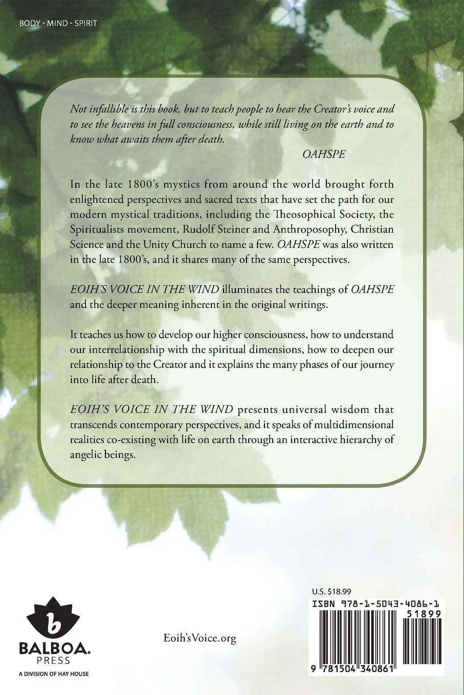 Rückseite: 9781504340861 | EOIH'S VOICE IN THE WIND | Anne Aproberts | Taschenbuch | Englisch