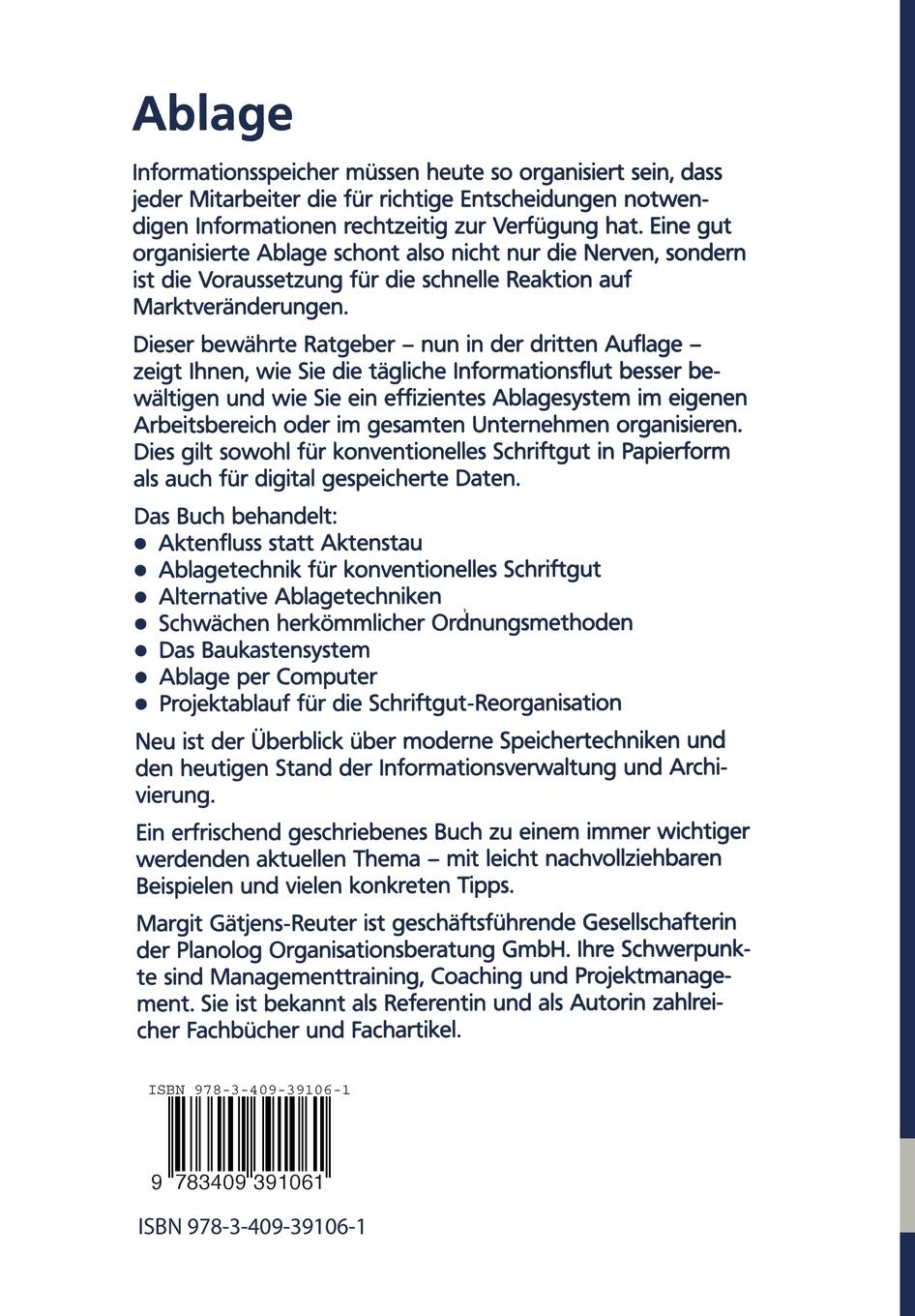 Rückseite: 9783409391061 | Ablage | Information optimal organisieren | Margit Gätjens-Reuter