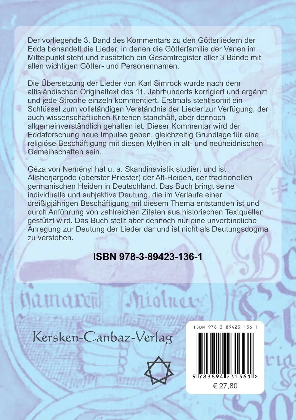 Rückseite: 9783894231361 | Kommentar zu den Götterliedern der Edda | Teil 3 - Die Vanenlieder