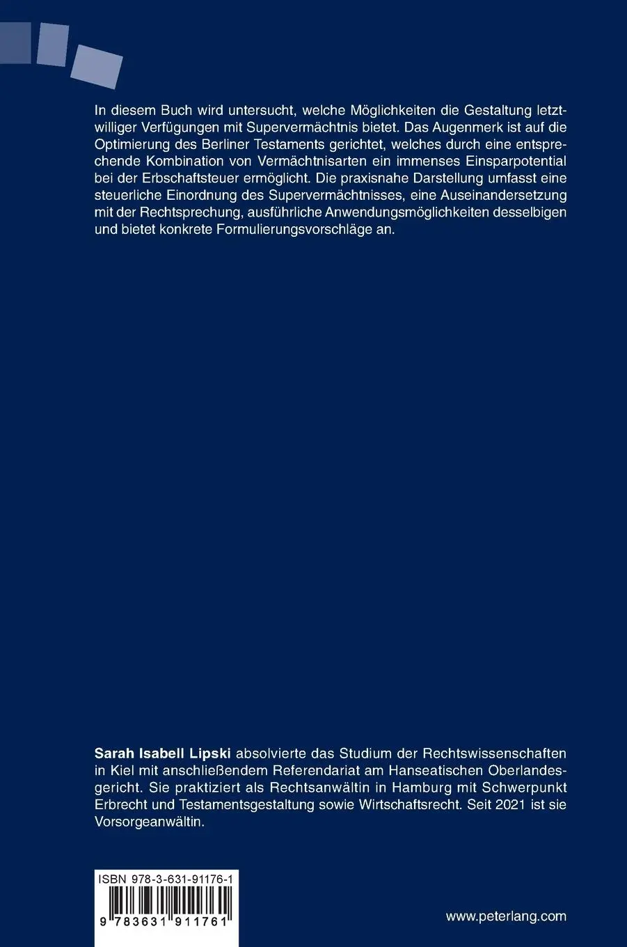 Rückseite: 9783631911761 | Testamentsgestaltung mit Supervermächtnis | Sarah Isabell Lipski
