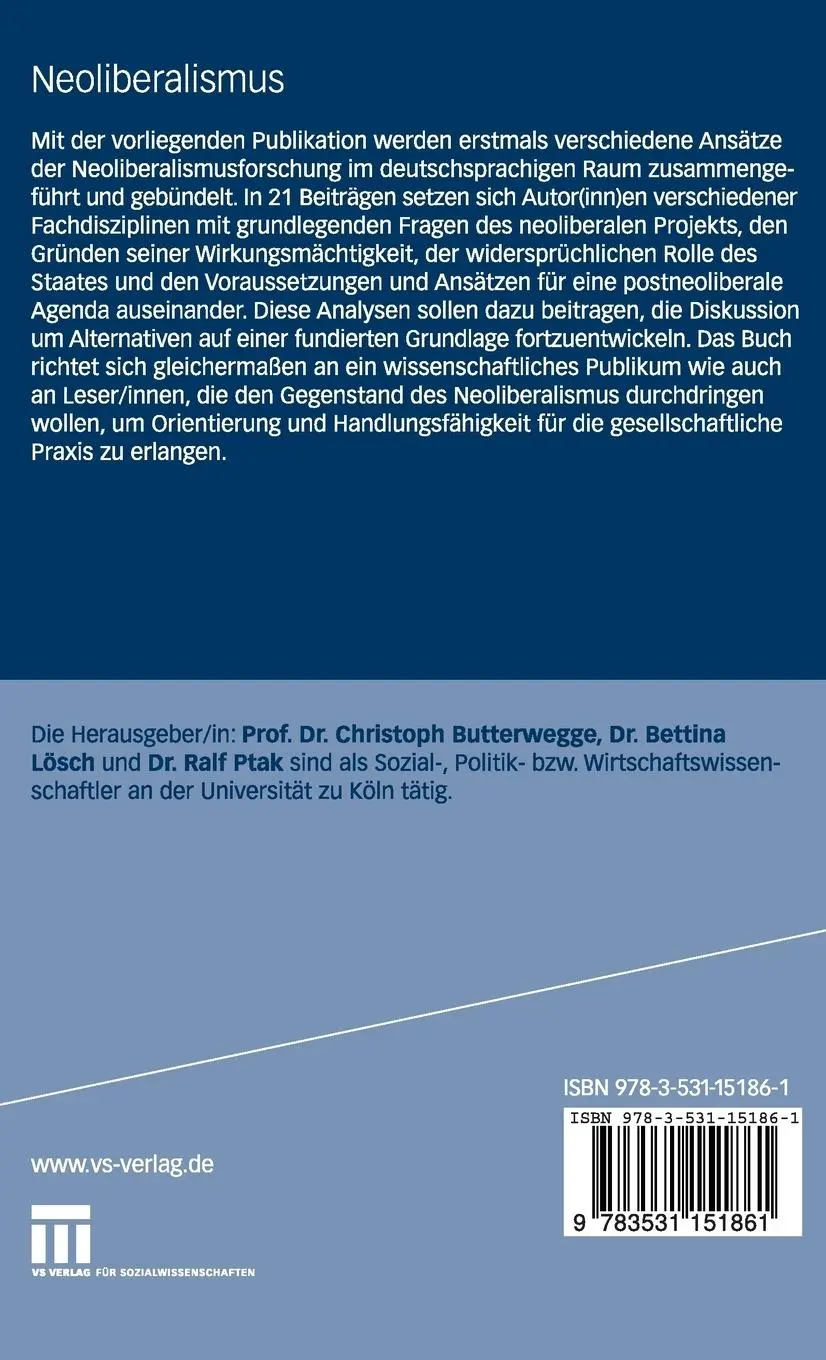 Rückseite: 9783531151861 | Neoliberalismus | Analysen und Alternativen | Butterwegge (u. a.)