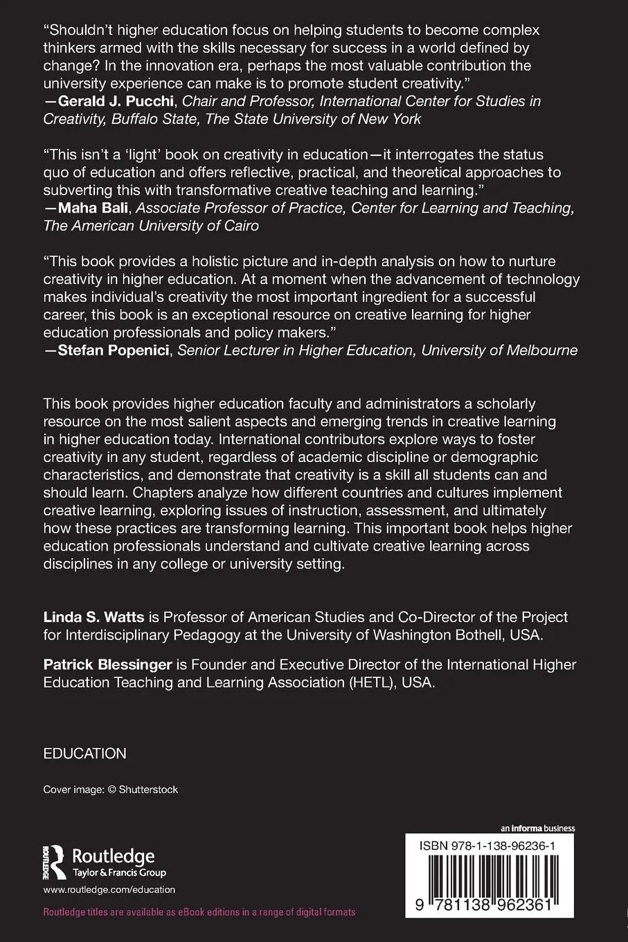 Rückseite: 9781138962361 | Creative Learning in Higher Education | Linda S. Watts (u. a.) | Buch