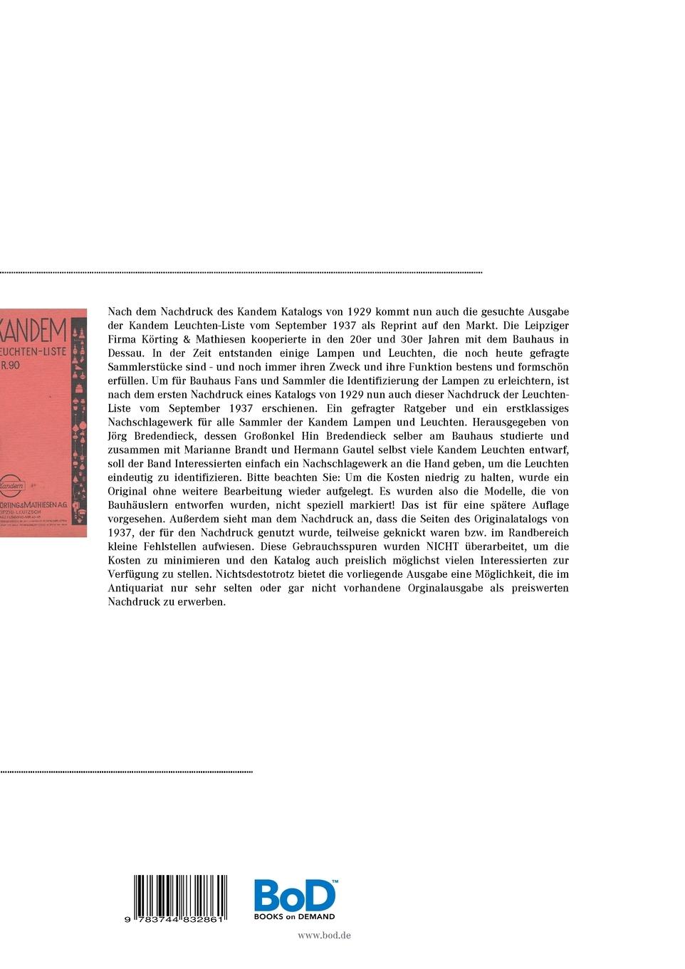 Rückseite: 9783744832861 | Kandem Leuchten-Liste Nr. 90 | Reprint des Katalogs vom September 1937