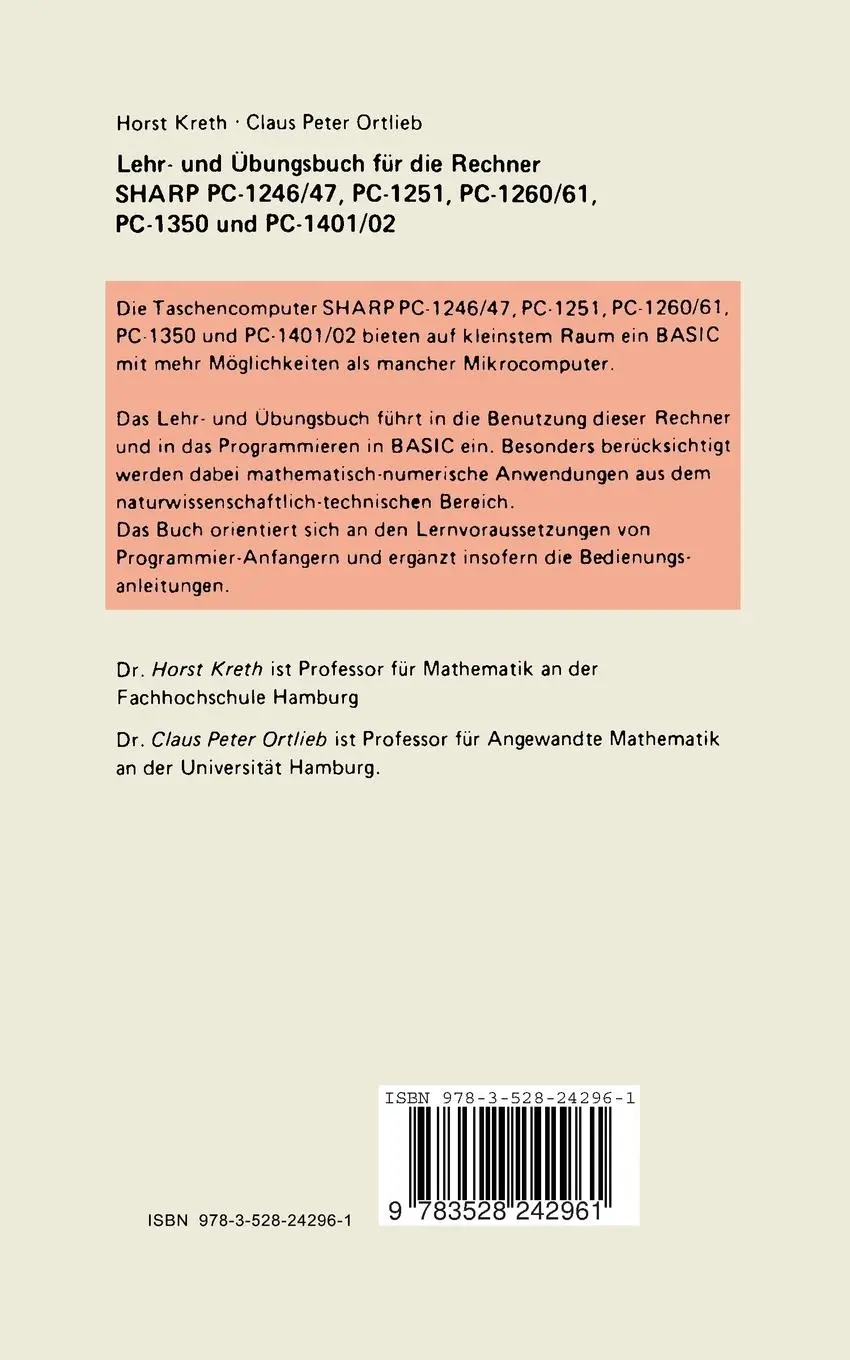 Rückseite: 9783528242961 | Lehr- und Übungsbuch für die Rechner SHARP PC-1246/47, PC-1251,...