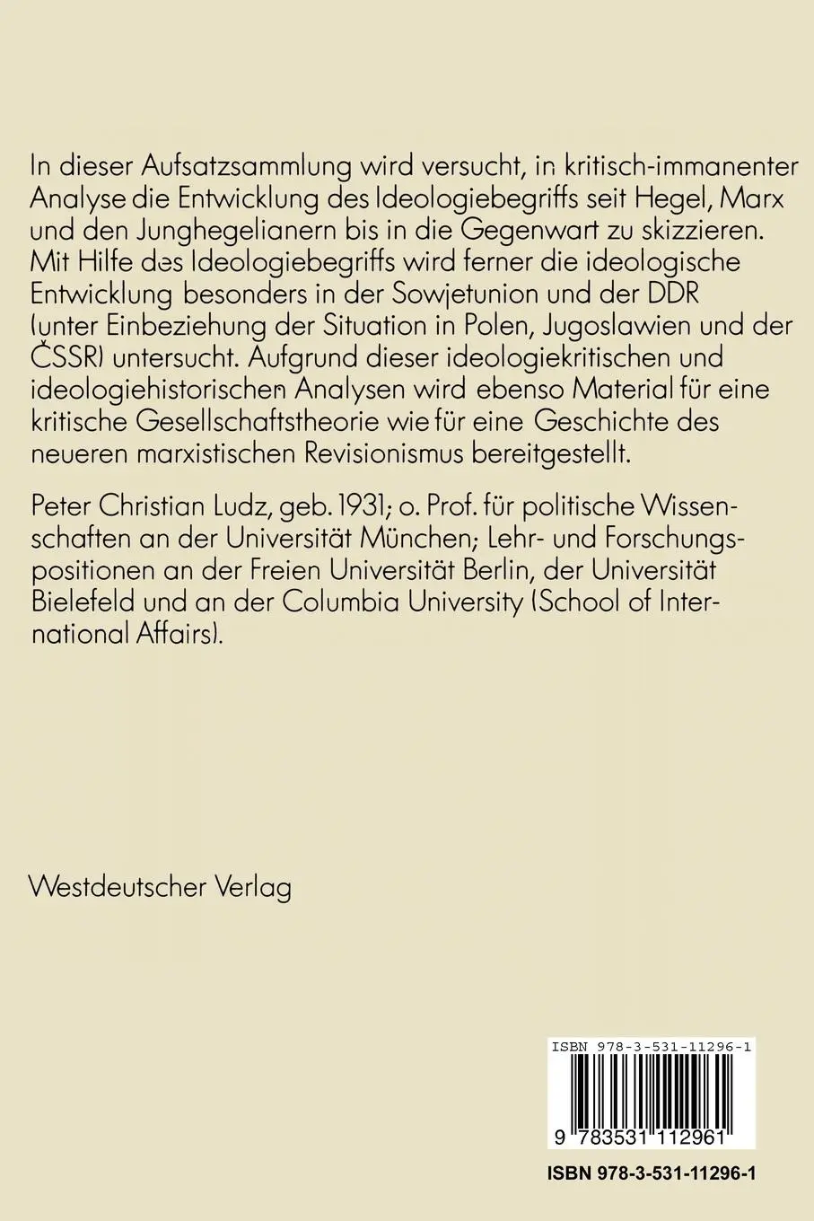 Rückseite: 9783531112961 | Ideologiebegriff und marxistische Theorie | Peter Christian Ludz