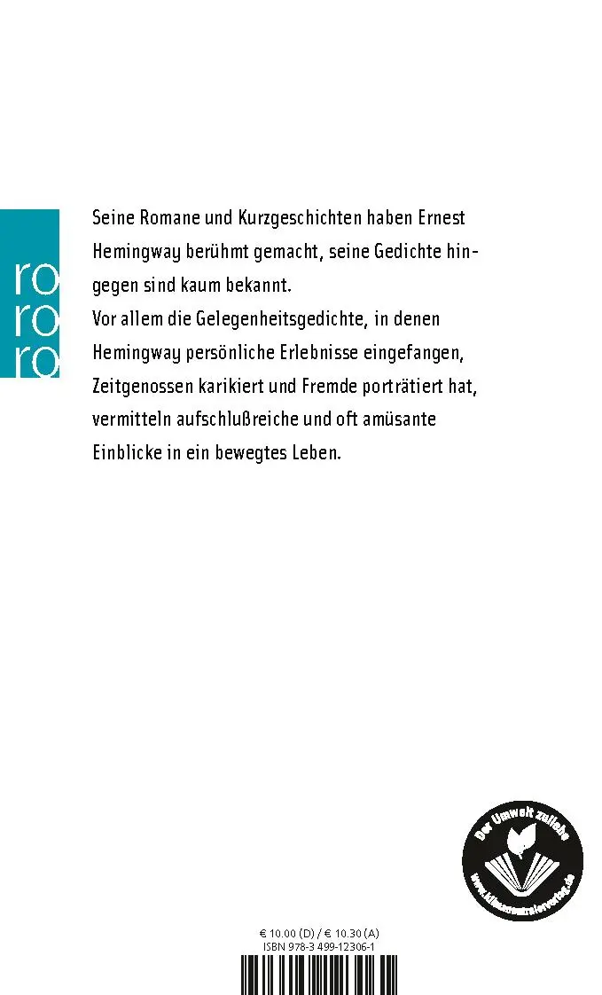 Rückseite: 9783499123061 | Sämtliche Gedichte | Ernest Hemingway | Taschenbuch | 224 S. | Deutsch