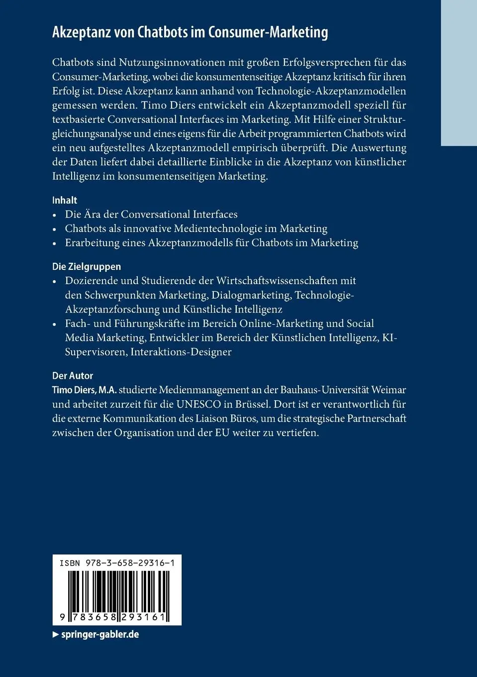 Rückseite: 9783658293161 | Akzeptanz von Chatbots im Consumer-Marketing | Timo Diers | Buch