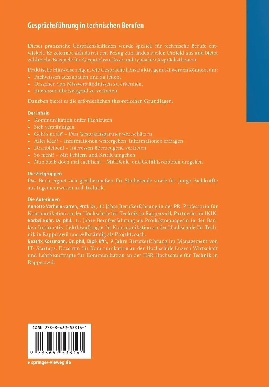 Rückseite: 9783662533161 | Gesprächsführung in technischen Berufen | Verhein-Jarren (u. a.) | vii