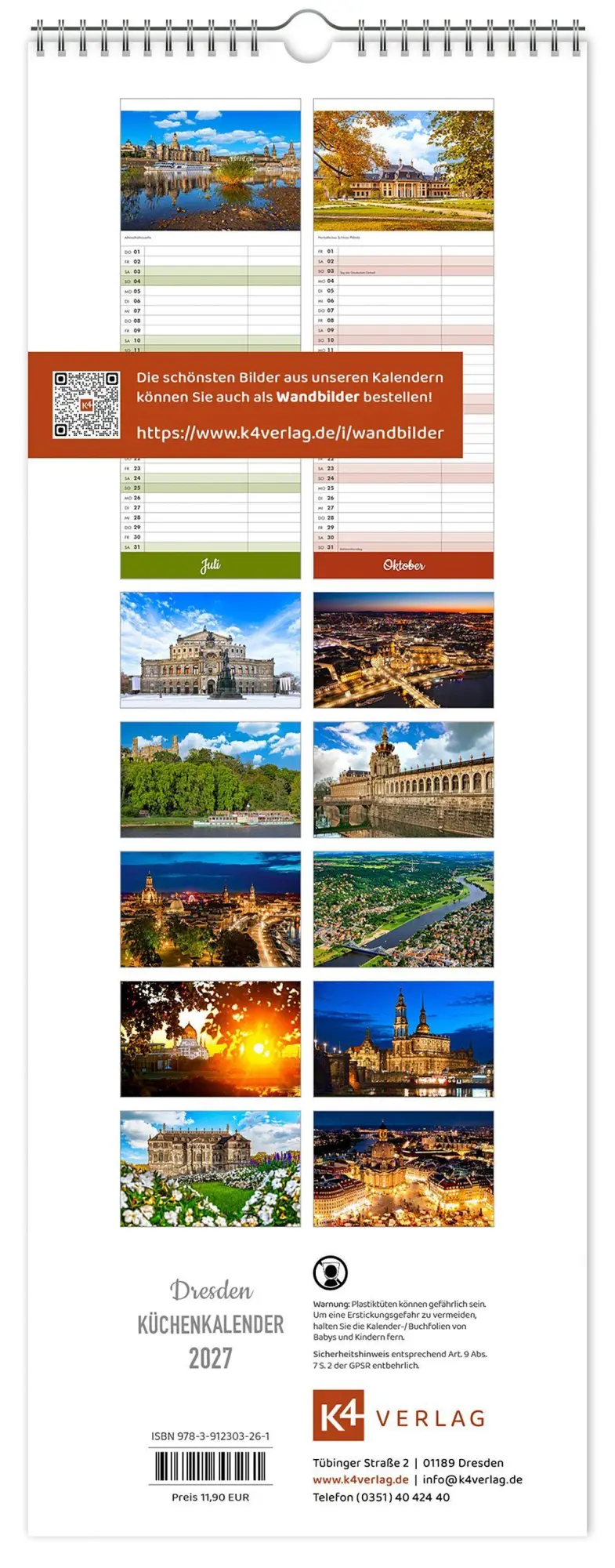 Bild: 9783912303261 | Küchenkalender Dresden 2027 | 15 x 40 cm weißes Kalendarium | Kalender