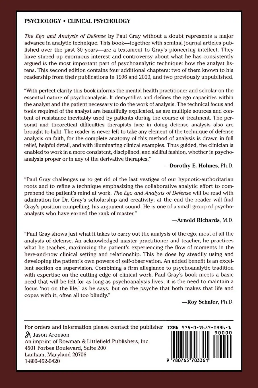 Rückseite: 9780765703361 | The Ego and Analysis of Defense | Paul Gray | Taschenbuch | Englisch