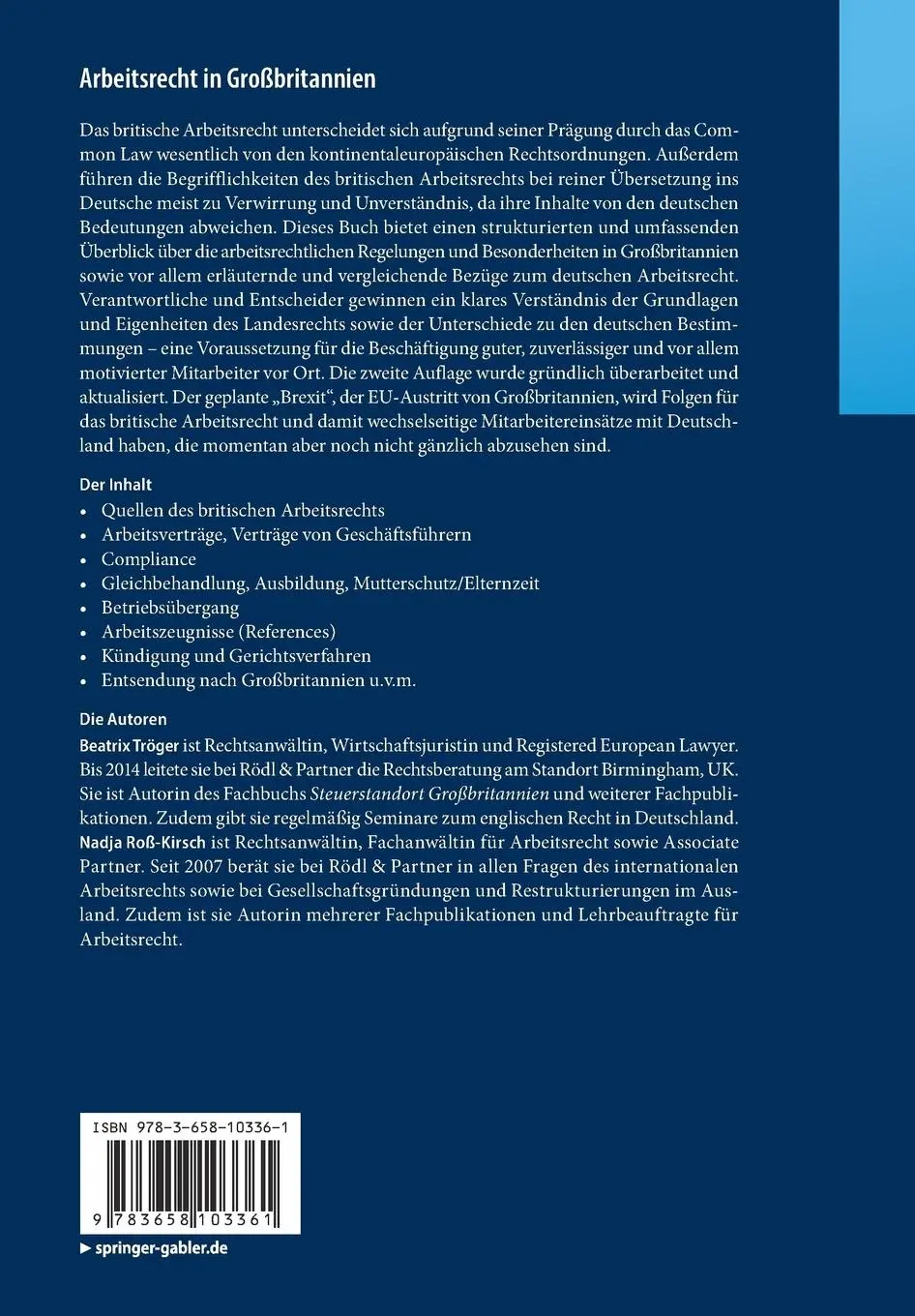 Rückseite: 9783658103361 | Arbeitsrecht in Großbritannien | Nadja Roß-Kirsch (u. a.) | Buch | xv
