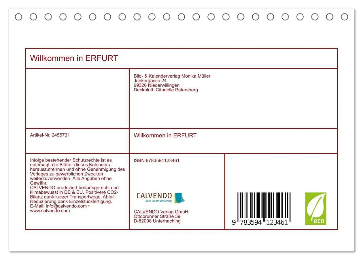 Bild: 9783594123461 | Willkommen in ERFURT (Tischkalender 2027 DIN A5 quer), CALVENDO...
