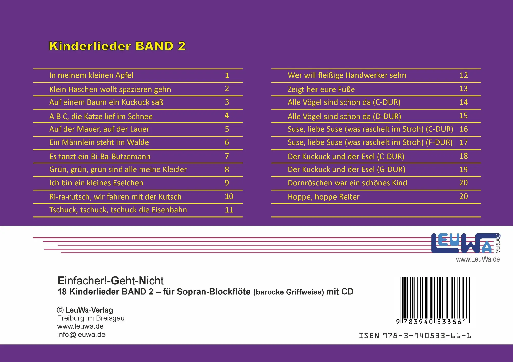 Rückseite: 9783940533661 | Einfacher!-Geht-Nicht: 18 Kinderlieder BAND 2 - für Sopran...