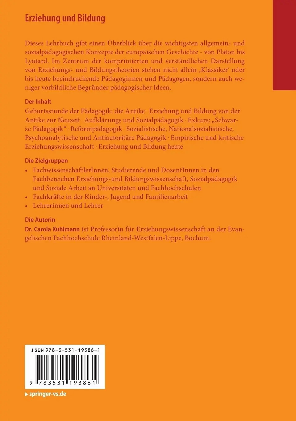 Rückseite: 9783531193861 | Erziehung und Bildung | Carola Kuhlmann | Taschenbuch | viii | Deutsch