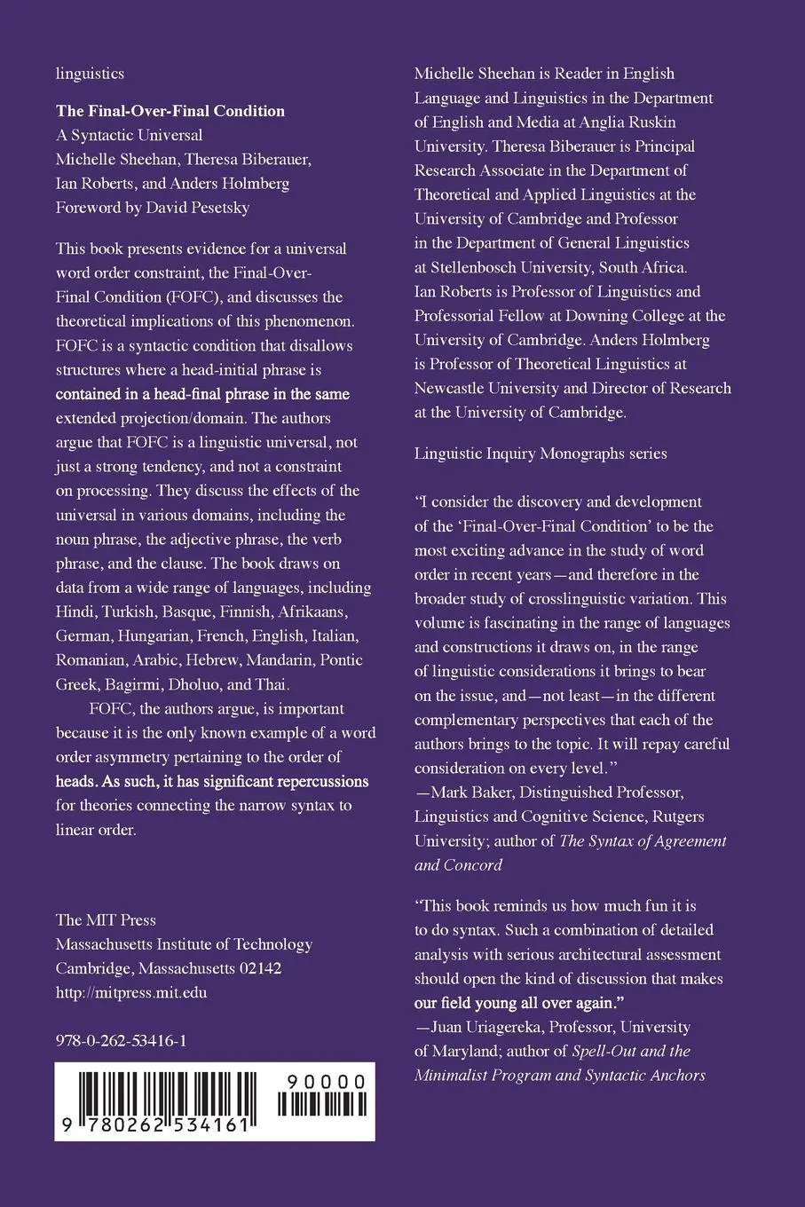 Rückseite: 9780262534161 | The Final-Over-Final Condition | A Syntactic Universal | Taschenbuch