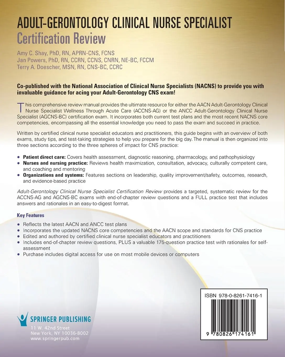 Rückseite: 9780826174161 | Adult-Gerontology Clinical Nurse Specialist Certification Review
