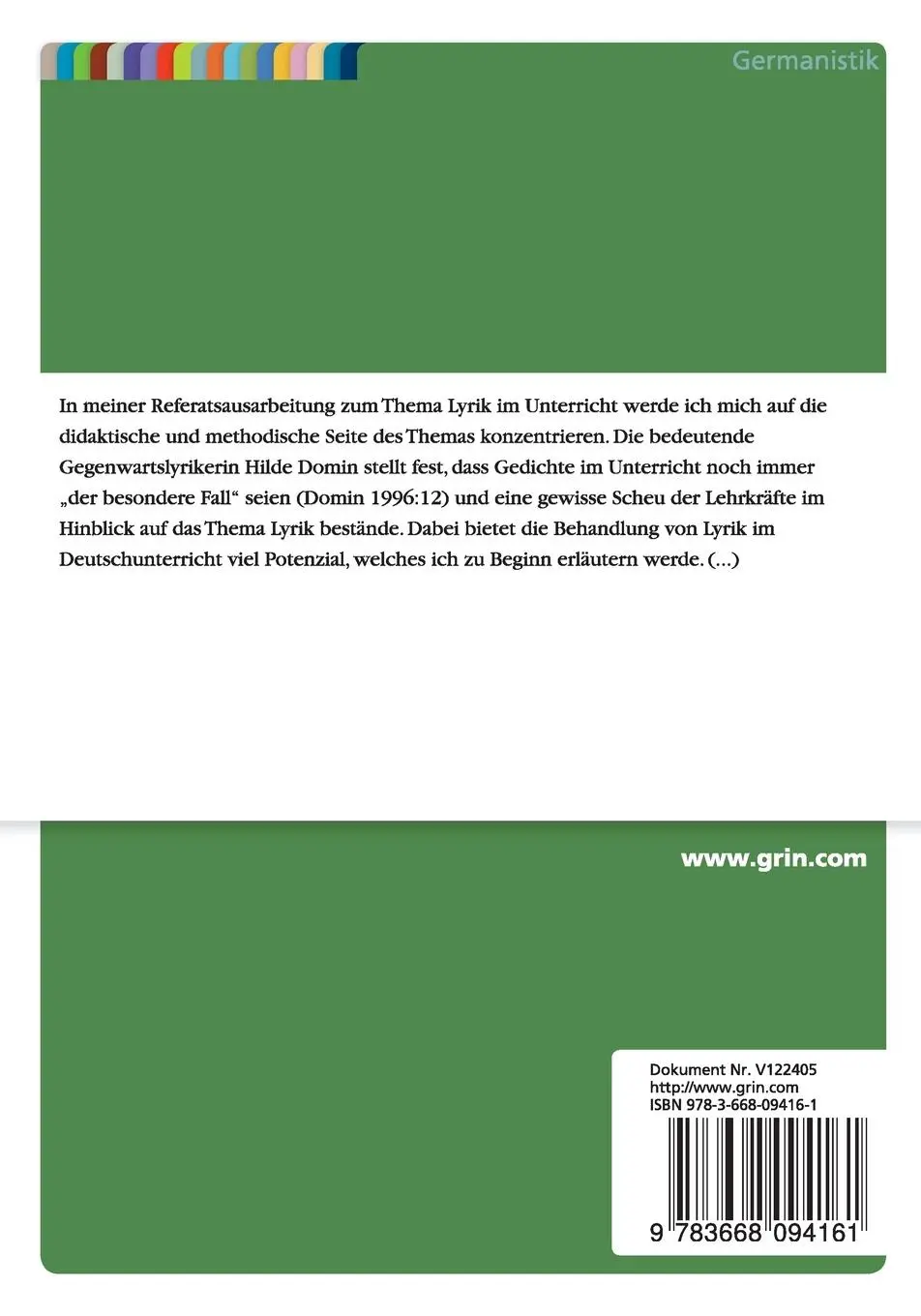 Rückseite: 9783668094161 | Lyrik im Unterricht. Didaktische Grundlegung und...