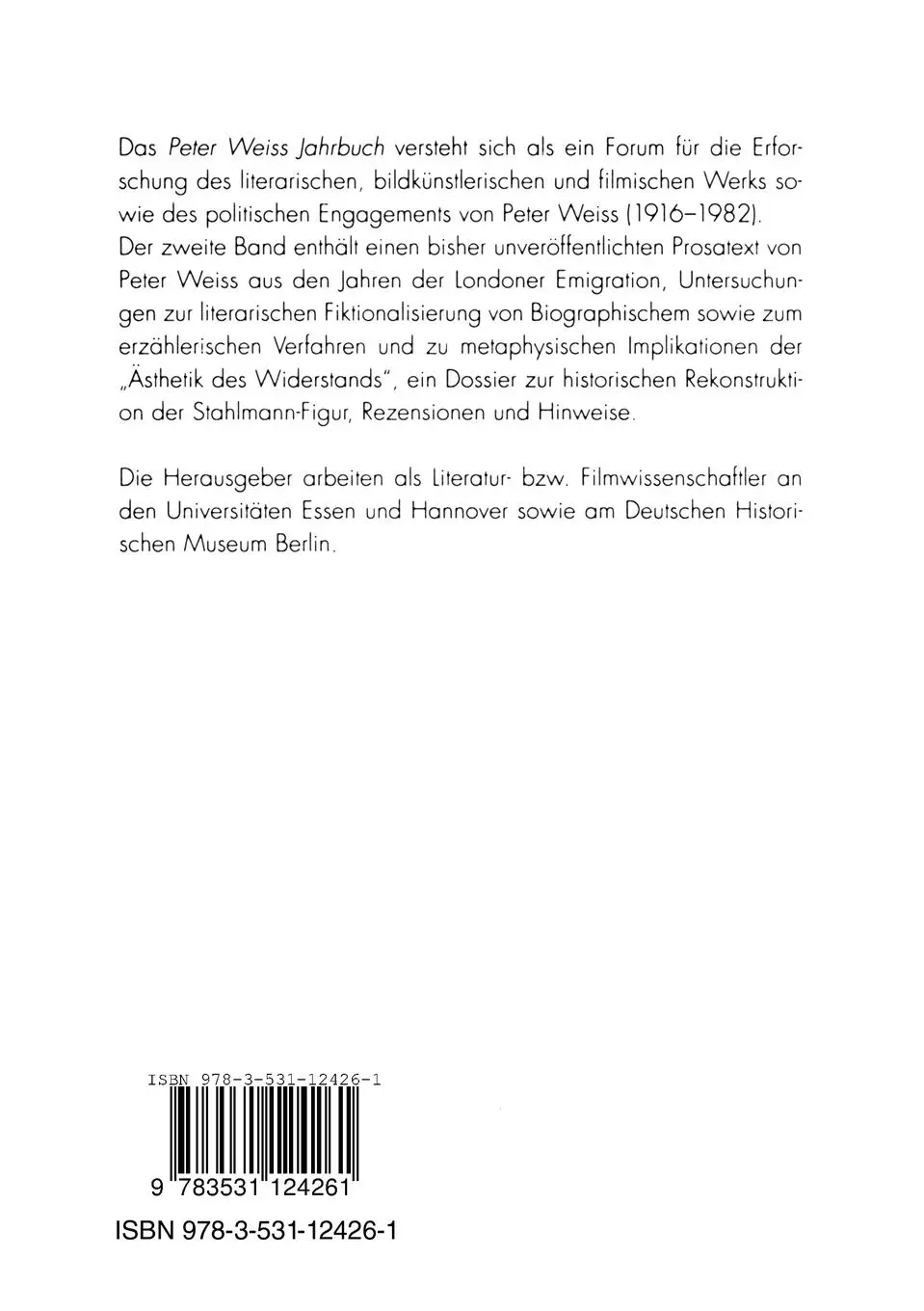 Rückseite: 9783531124261 | Peter Weiss Jahrbuch 2 | Rainer Koch (u. a.) | Taschenbuch | 180 S.