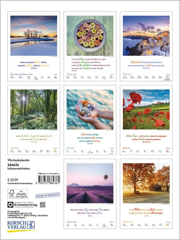 Bild: 9783731884361 | Literaturkalender Lebensweisheiten 2026 | Verlag Korsch | Kalender