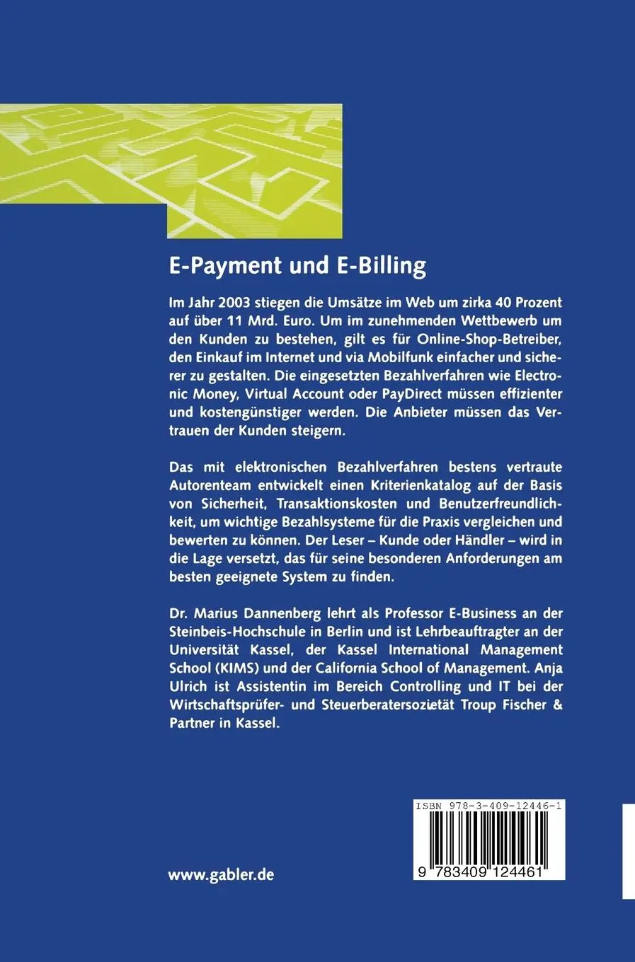 Rückseite: 9783409124461 | E-Payment und E-Billing | Marius Dannenberg | Buch | 272 S. | Deutsch